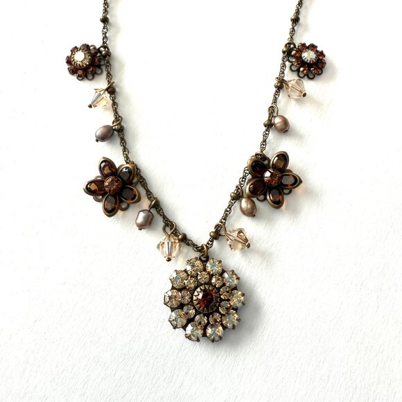 Liz Palacios SF Swarovski Crystal Antique Gold Tone Floral Necklace Brown Amber - Picture 7 of 10
